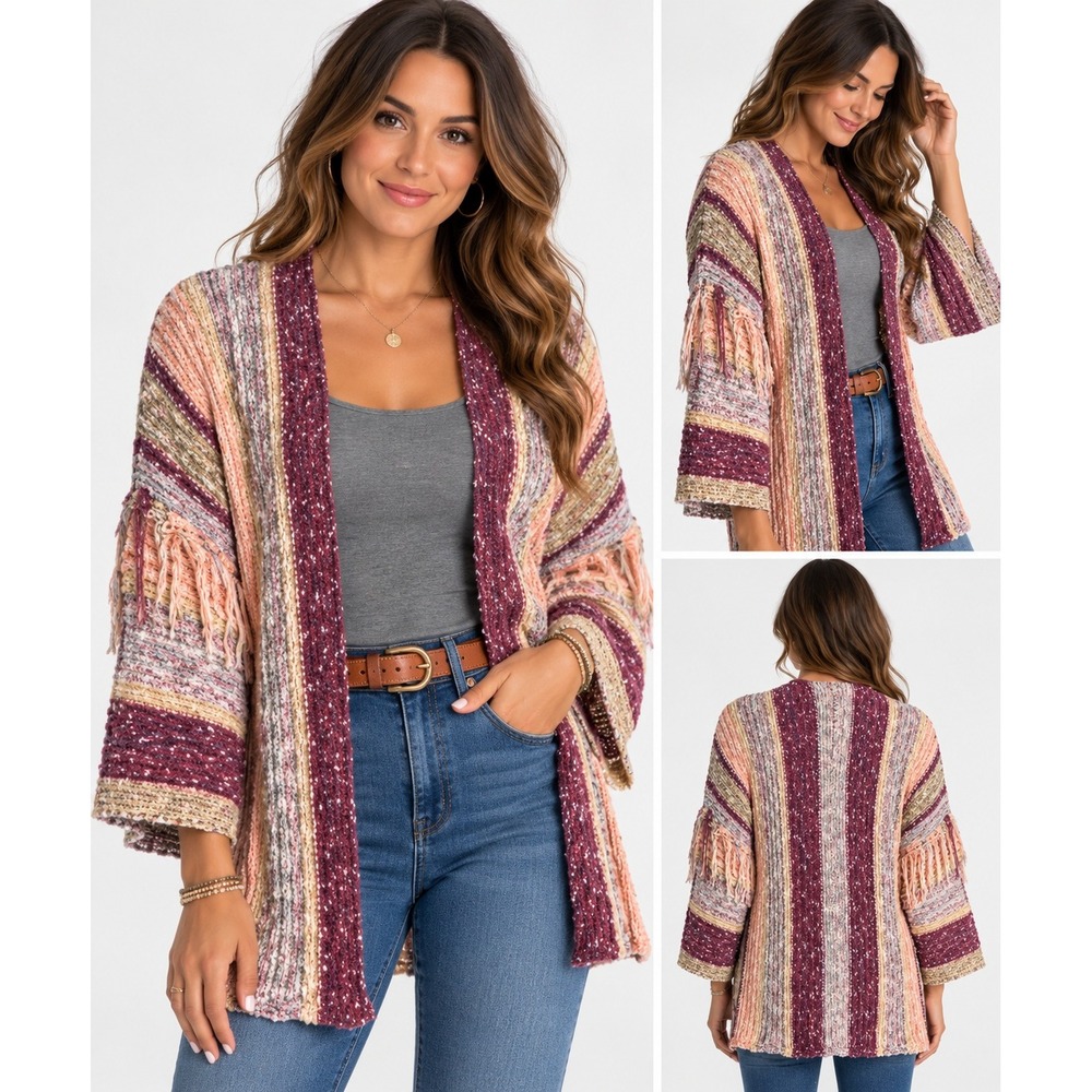 Flying Tomato 3/4 Sleeve Open Front Cardigan S Multicolor Striped Boho Knit